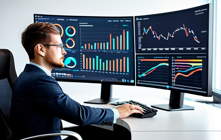 A professional data analyst in a modest business suit, fully clothed, sitting at a sleek desk in a modern, high-tech office. Large, curved monitors display intricate, colorful data visualizations and analytical charts. The analyst has a focused, intelligent expression, subtly interacting with a keyboard. Perfect anatomy, correct proportions, well-formed hands, proper finger count, natural body proportions. Professional photography, high quality, safe for work, appropriate content, professional dress.