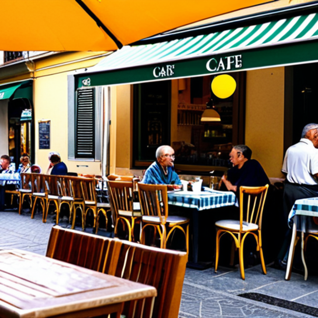 Thriving Italian Caf&eacute; Scene**

*   **Prompt:** "A bustling caf&eacute; in a picturesque Italian piazza. Sunlight streams onto the outdoor tables, where patrons enjoy cappuccinos and pastries. The caf&eacute; has a traditional Italian storefront with awnings. People are laughing and talking, creating a lively atmosphere. *Prompt modifiers:* Vibrant colors, shallow depth of field, Canon EOS R5, f/2.8, ISO 100, *safe for work, appropriate content, fully clothed, professional, modest*"

**